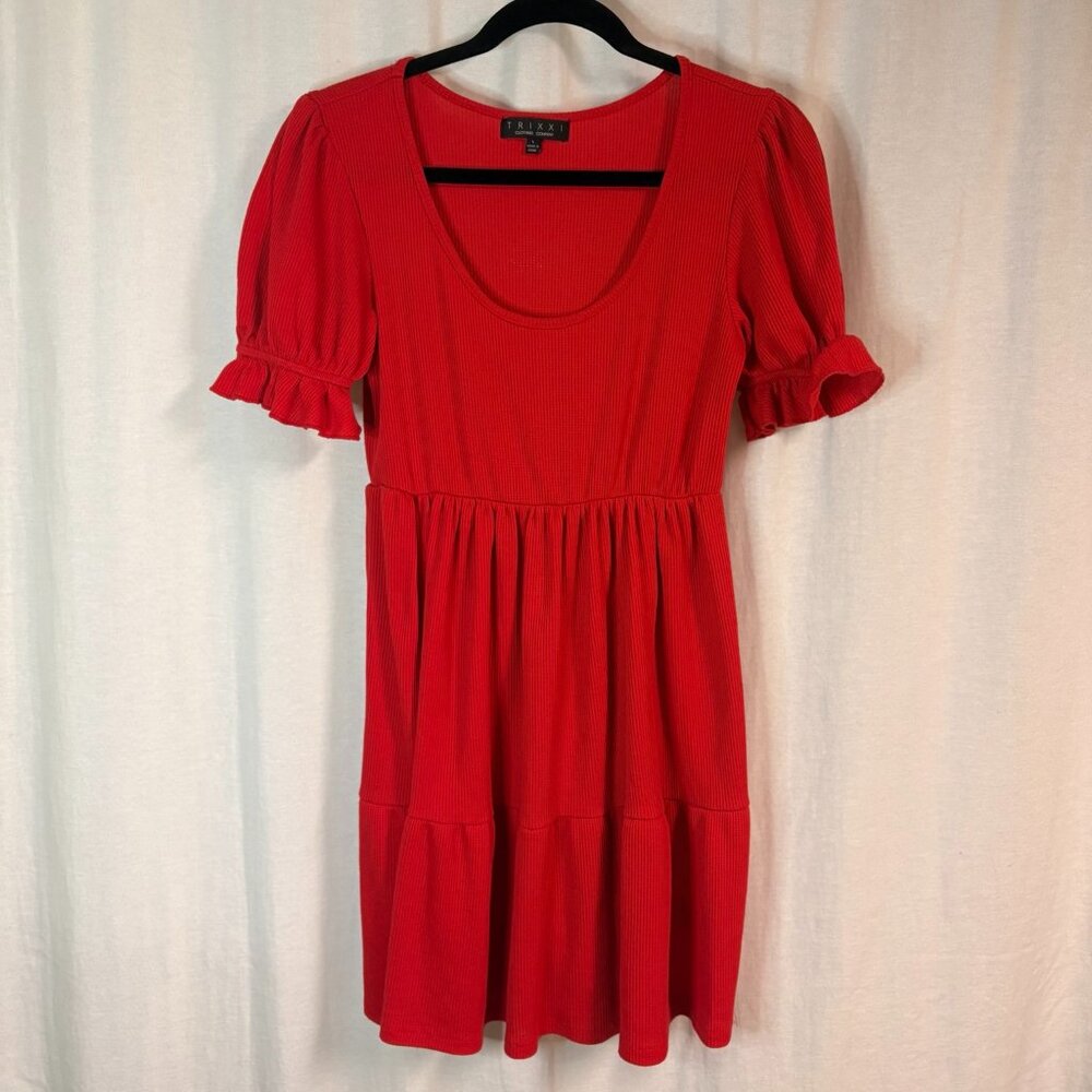 Trixxi Red Ribbed Babydoll Dress Puff Sleeve Tiered Mini Dress L
